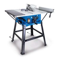 Tischkreissäge HS110 von Scheppach mit 87mm Schnitthöhe und 2000W Leistung. Inklusive Verbreiterungen und Untergestell. Gezeigt von der Seite mit transparentem Hintergrund.