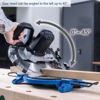 The Scheppach HM210L mitre saw features a maximum cutting width of 120 mm and a cutting height of 60 mm. It includes a 24-tooth saw blade and can be tilted up to 45°. A laser assists in precise cuts.
