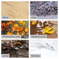 Bodenmaterialien: Sand, Kies, trockene und nasse Laubabfälle sowie Schnee und Unrat