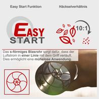 Der Scheppach Benzin Laubbläser & Laubsauger LBH3500P bietet eine Easy Start Funktion mit einem s-förmigen Blasrohr für einen geradlinigen Luftstrom. Das Häckselverhältnis beträgt 10:1.