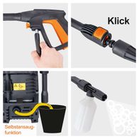 Der Elektro-Hochdruckreiniger IX-PRC1400 IXES von Scheppach verfügt über eine Klick-Funktion zum einfachen Wechseln der Düsen und eine Selbstansaugfunktion für den Einsatz von Reinigungsmitteln.