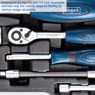 The Tool Kit TB94 by Scheppach includes extensions for the 1/2 and 1/4 inch reversible ratchets, helping the user to respond flexibly to various usage situations.