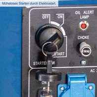 Diesel Stromerzeuger mit Elektrostart, Ölmangel-Warnlampe und Choke-Funktion. Einfaches Starten durch Elektrostart.