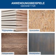 Beispiele für verschiedene Holzplattenarten: Rigipsplatten, Spanplatten, Holzpaneelen und Metallplatten für Bau- und Möbelarbeiten