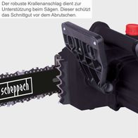 Die Elektro-Kettensäge CSE2200 von Scheppach verfügt über einen robusten Krallenanschlag, der beim Sägen unterstützt und das Schnittgut vor dem Abruchten schützt.