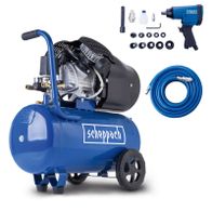 Scheppach Kompressor mit 784426 Artikelnummer. Enthält einen Luftschlauch, verschiedene Düsen und einen Pistolengriff. Ideal für verschiedene pneumatische Anwendungen.