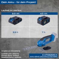 Scheppach Akku-Gras- und Strauchschere mit Laufzeitvergleich: 20V-Akku (3,5 h vs. 7 h) für C-HTGS200-X