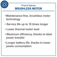 Brushless motor features: maintenance-free operation, extended service life, lower thermal load, maximum efficiency, ideal power transfer, longer battery life due to reduced consumption