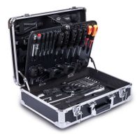 Der Werkzeugkoffer WZB200-BE von Scheppach enthält 141 Teile, darunter Schraubenschlüssel, Hammer, Zange und Schraubenzieher. Der robuste Aluminiumkoffer bietet praktische Aufbewahrung für die Werkstatt.