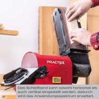 Das Schleifband kann sowohl horizontal als auch vertikal eingestellt werden, wodurch das Anwendungsspektrum erweitert wird. Das Gerät ist als Band- und Tellerschleifer PX-BTS-450 Practixx erhältlich.