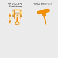 Motorleistung und Seilzugstart-System für Rasenmäher mit 131 cm³ und 3,3 PS