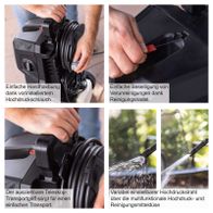 Wichtige Merkmale des Hochdruckreinigers: Einfache Handhabung mit integriertem Hochdruckschlauch, Reinigungsnadel für Verschmutzungen und teleskopierbarer Transportgriff für Transport.