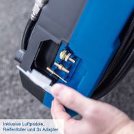 Luftpistole mit integriertem Reifenfüller und drei Adapteren für Kompressor