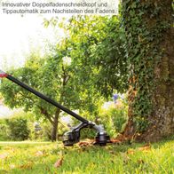 Innovativer Doppelfadenschneidkopf und Tippautomatik zum Nachstellen des Fadens.