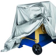 Geräteabdeckhaube von Scheppach, passend für Kurzholzspalter, teilweise geöffnet auf einem blauen Wagen.