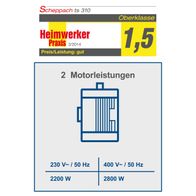 Die Tischkreissäge TS310 von Scheppach bietet zwei Motorleistungen: 2200 Watt bei 230 V und 50 Hz sowie 2800 Watt bei 400 V und 50 Hz. Sie erhielt eine Bewertung von 1,5 in der Kategorie Preis/Leistung.