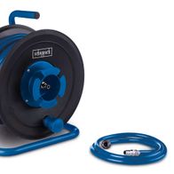 Druckluft-Schlauchtrommel von Scheppach, seitliche Ansicht mit teilweise abgewickelter Schlauchleitung.