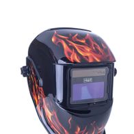 Schweißhelm AWH-500FL von Scheppach mit Flammenmuster, seitliche Ansicht.