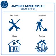 Das Produkt ist für die Anwendung in der Werkstatt, auf der Baustelle, im Haus und im Garten geeignet. Es ist ein Akku-Bohrschrauber mit verschiedenen Einsatzmöglichkeiten.