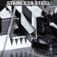 Metal band saw with stainless steel cutting height, worktable, LED lighting, and variable speed