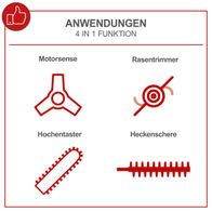 Das Benzin-Multifunktionsgerät MFH5200-4P Scheppach bietet vier Funktionen in einem Gerät: Motorsense, Rasentrimmer, Hochentaster und Heckenschere. Ideal für vielfältige Garteneinsätze.