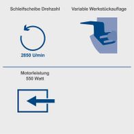 Der Doppelschleifer BG200 hat eine Schleifscheibe mit 2850 U/min, eine variable Werkstückauflage und eine Motorleistung von 550 Watt.