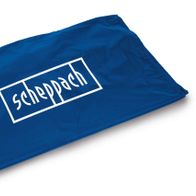 Abdeckhaube von Scheppach, blau mit weißem Logo, liegt flach auf einer Oberfläche.