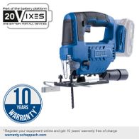 Cordless jigsaw C-JS220-X by Scheppach. Part of the 20V-IXES battery system. 10 years warranty with online registration. Stroke length 19mm, stroke rate 0-2400 min-1, 7 adjustable cutting angles.