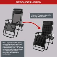 Klappbare Gartenliege mit ergonomischen Arm- und Rückenlehnen, Kopfkissen aus Baumwolle und aufklappbarer Polsterauflage für maximalen Komfort.