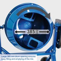 Concrete mixer with a large drum opening of 385 mm for easy filling and emptying of the mix.
