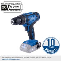 Scheppach 20V IXES battery platform: One battery for all devices. 10 years warranty with online registration at warranty.scheppach.com. Shown is a cordless screwdriver from the front.