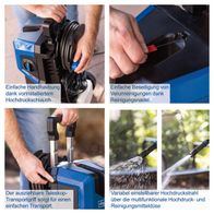 Elektro-Hochdruckreiniger mit einfachen Handhabung dank integriertem Hochdruckschlauch und Reinigungsnadel für Verunreinigungen.