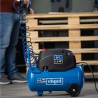 Scheppach Kompressor HC24x mit 24L Tank und 1,5 HP Leistung. 180L/min Ansaugleistung, ölfrei und inkl. Fahrvorrichtung.
