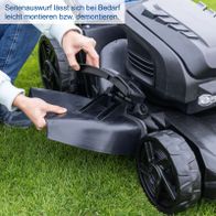 Der Akku Rasenmäher BC-MP470-X von Scheppach bietet einen einfach zu montierenden und demontierenden Seitenauswurf. Ideal für eine flexible Nutzung.