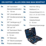 Werkzeugkoffer mit detaillierter Liste aller enthaltenen Werkzeuge für DIY-Projekte, inkl. Sechskantmuttern, Schraubendreher, Inbusschlüssel und Spezialwerkzeuge