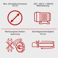 Technische Daten für Elektrokettensäge: Maximaler Schnittdurchmesser, Motorleistung, Schnittgeschwindigkeit und werkzeuglose Kettenspannung