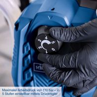 Das Airless Farbsprühsystem ACS4000 von Scheppach hat einen maximalen Arbeitsdruck von 110 bar, der in 5 Stufen mittels Druckregler einstellbar ist.