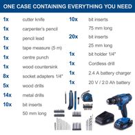 Comprehensive toolkit set featuring a cordless drill, battery, charger, and all included accessories for DIY tasks