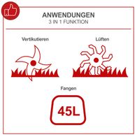Der Benzin Vertikutierer SC50Vario Scheppach bietet eine 3-in-1-Funktion: Vertikutieren, Lüften und Fangen mit einem Fassungsvermögen von 45 Litern.
