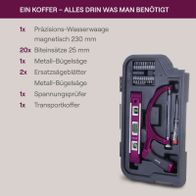 Der Werkzeugkoffer MH100 Gomag enthält: 1 Präzisions-Wasserwaage magnetisch 230 mm, 20 Biteinsätze 25 mm, 1 Metall-Bügelsäge, 2 Ersatzsägeblätter, 1 Spannungsprüfer und 1 Transportkoffer.