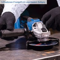 3-Positionen-Frontgriff mit rutschfestem Softgrip für präzises Halten des Akku-Winkelschleifers