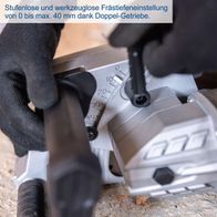 Mauernutfräse mit stufenloser und werkzeugloser Frästiefeneinstellung von 0 bis max. 40 mm durch Doppel-Getriebe