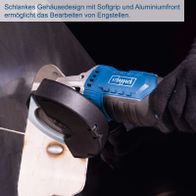 Akku-Winkelschleifer mit ergonomischem Griff und Aluminium-Vorderteil für präzises Arbeiten