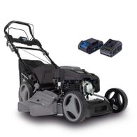 Benzin Rasenmäher PLM530-225E von Scheppach mit 6PS, 53cm Schnittbreite, E-Start, Radantrieb und 6 Liter Fangkorb. Gezeigt von vorne.