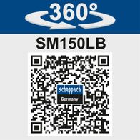 Doppelschleifer SM150LB von Scheppach mit 360°-Rotation. QR-Code für weitere Informationen.