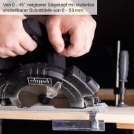 Die Akku-Handkreissäge C-HKS169BE-X von Scheppach bietet einen neigbaren Sägekopf von 0 bis 45 Grad mit stufenlos einstellbarer Schnittiefe von 0 bis 53 mm.