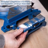 Bild eines Werkzeugs mit Beschriftung 'Beidseitige Auflageflächen beim Bearbeiten langer Materialien'