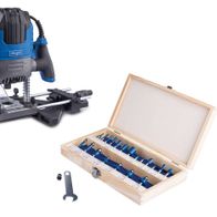 Elektro-Oberfräse WRT1200 scheppach (DIY) mit Zubehör. Gezeigt von der Seite.