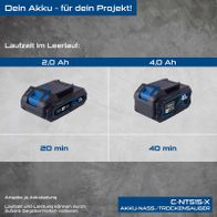 Batterievergleiche für Akku-Leistung und Laufzeit (2,0 Ah vs. 4,0 Ah) mit Laufzeitangaben im Leerlauf