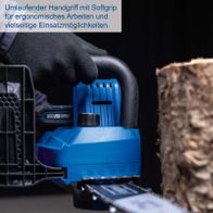 Die Akku-Kettensäge C-CS254-X von Scheppach verfügt über einen umlaufenden Handgriff mit Softgrip für ergonomisches Arbeiten und vielseitige Einsatzmöglichkeiten.